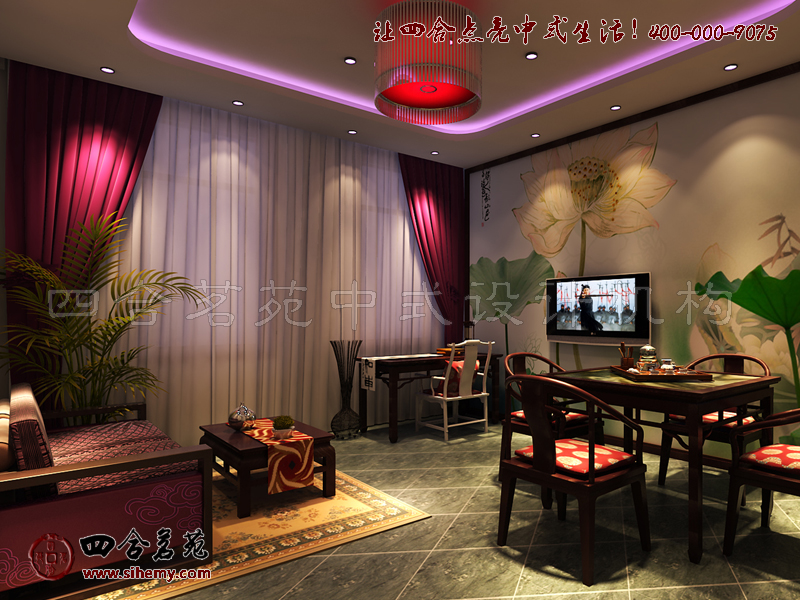 蓮花隱喻高尚品德透出茶樓典雅品味 新中式四合院古典茶樓裝修設(shè)計雅間